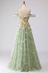 Off the Shoulder Appliqued Green Floral A Line Prom Dress