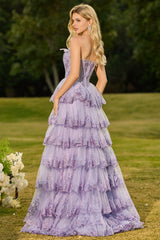 Strapless Lilac Tiered Corset Prom Dress with Ruffles