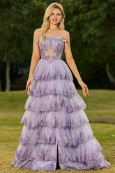 Strapless Lilac Tiered Corset Prom Dress with Ruffles