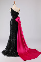 Sparkly One Shoulder Black Prom Dress with Bow