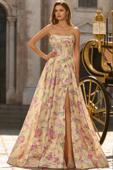Strapless Yellow Pink Floral Corset A Line Prom Dress