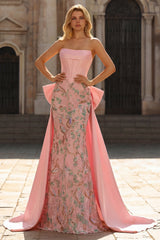 Strapless Corset Floral Pink Mermaid Beaded Prom Dress