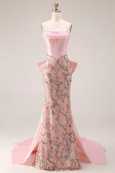 Strapless Corset Floral Pink Mermaid Beaded Prom Dress
