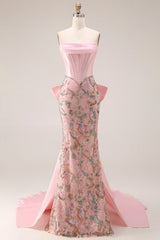 Strapless Basque Waist Floral Pink Bowed Prom Dress