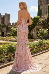 Strapless Mermaid Corset Pink Floral Prom Dress