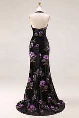 Velvet Halter Embroidered Sequin Black Floral Prom Dress