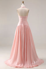 Halter Ruched A Line Blush Pink Satin Prom Dress