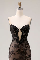 Rose Black Mermaid Strapless Beaded Prom Dress