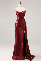 Metallic Burgundy Strapless Ruched Prom Dress