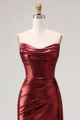Metallic Burgundy Strapless Ruched Prom Dress
