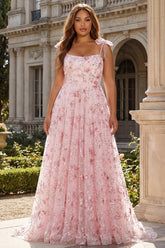 Sparkly Pink Floral Corset Plus Size A Line Prom Dress