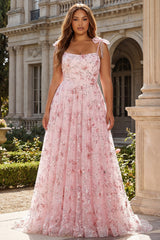 Sparkly Pink Floral Corset Plus Size A Line Prom Dress