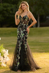 Sparkly Black Floral Mermaid Corset Maxi Prom Dress