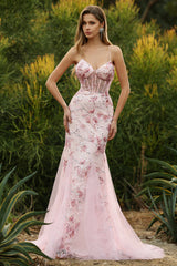 Pink Floral Mermaid Corset Spaghetti Straps Prom Dress