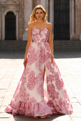 Pink A Line Floral Strapless Corset Prom Dress with Ruffles