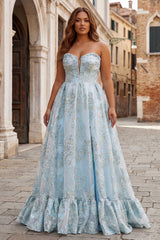 Pink A Line Floral Strapless Plus Size Corset Prom Dress