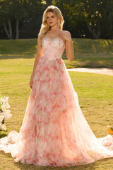Pink Strapless A-Line Corset Floral Beaded Prom Dress