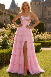 Pink Tiered Strapless Corset Sequin Maxi Prom Dress