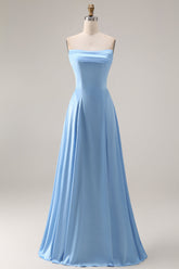 Blue A Line Strapless Satin Bridesmaid Dress