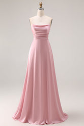 Strapless A Line Ruched Satin Dusty Rose Bridesmaid Dress