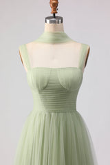A Line Tulle Dusty Sage Pleated Bridesmaid Dress