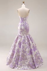 Mermaid Lilac Floral Strapless Brocade Prom Dress