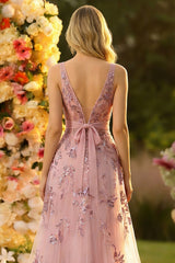 A Line V Neck Tulle Blush Appliqued Prom Dress