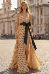 Halter A Line Apricot Black Polka Dot Bowed Prom Dress