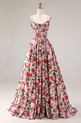 Basque Waist Pink Red Floral Maxi Prom Dress
