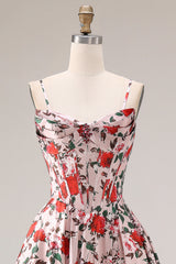 Basque Waist Pink Red Floral Maxi Prom Dress