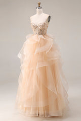 Strapless Corset Ruffled Ball Gown Champagne Prom Dress
