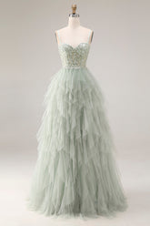 A Line Appliqued Corset Ruffled Dusty Green Prom Dress