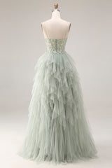 A Line Appliqued Corset Ruffled Dusty Green Prom Dress