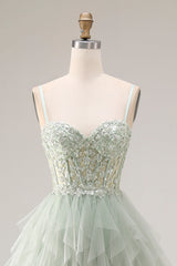 A Line Appliqued Corset Ruffled Dusty Green Prom Dress