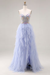 Sequin A Line Corset Ruffled Light Plum Prom Dress