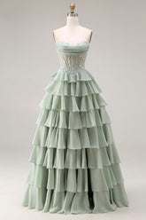Strapless Corset Tiered Dusty Green Appliqued Prom Dress