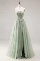 Strapless Corset A Line Dusty Green Appliqued Prom Dress