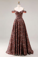 Off the Shoulder Coffee Leopard Corset A Line Prom Dress