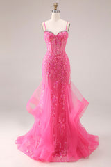 Sparkly Mermaid Corset Fuchsia Prom Dress with Ruffles