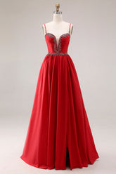 Sparkly Red A Line Pleated Maxi Prom Dress