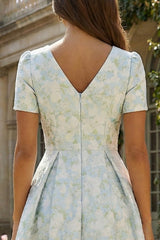 Blue White Floral A Line V Neck Midi Wedding Guest Dress