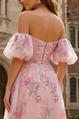 Off the Shoulder Pink Floral A Line Midi Wedding Guest Dress