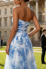 Strapless White Blue Floral A Line Maxi Wedding Guest Dress