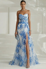 Strapless White Blue Floral A Line Wedding Guest Dress with Slit