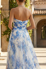 Strapless White Blue Floral A Line Wedding Guest Dress with Slit