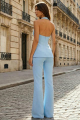 Halter Sky Blue 2 Piece Slim Fit Women Suits