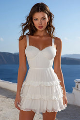 A Line Ruffled Mini White Graduation Dress