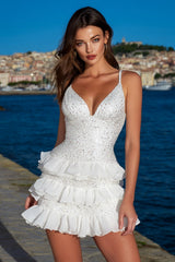 Sparkly Beaded Mini White Graduation Dress with Ruffles