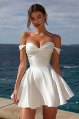 Off the Shoulder Satin A Line Mini White Graduation Dress