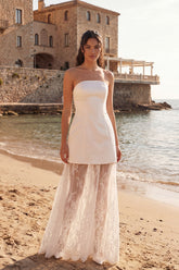 Strapless A Line Lace Maxi White Dress
